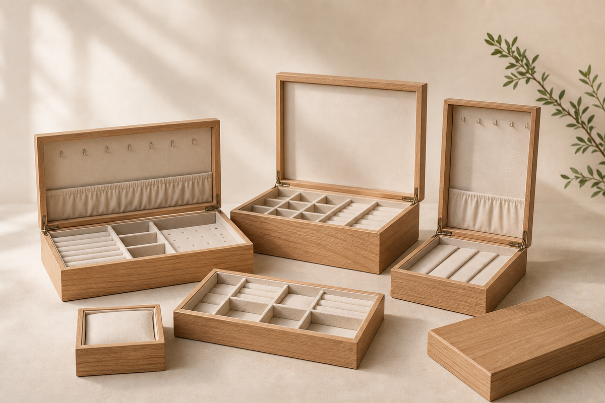 Custom wooden jewelry display boxes with ring rolls and compartment inserts