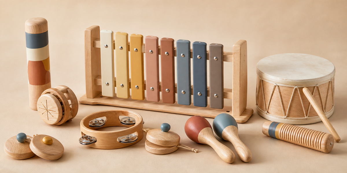 Wooden xylophone, shaker, drum and rhythm instruments arranged as a product line