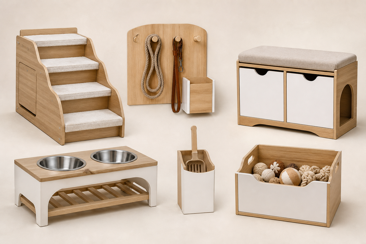 Wooden desk gifts and promotional products arranged for a corporate program