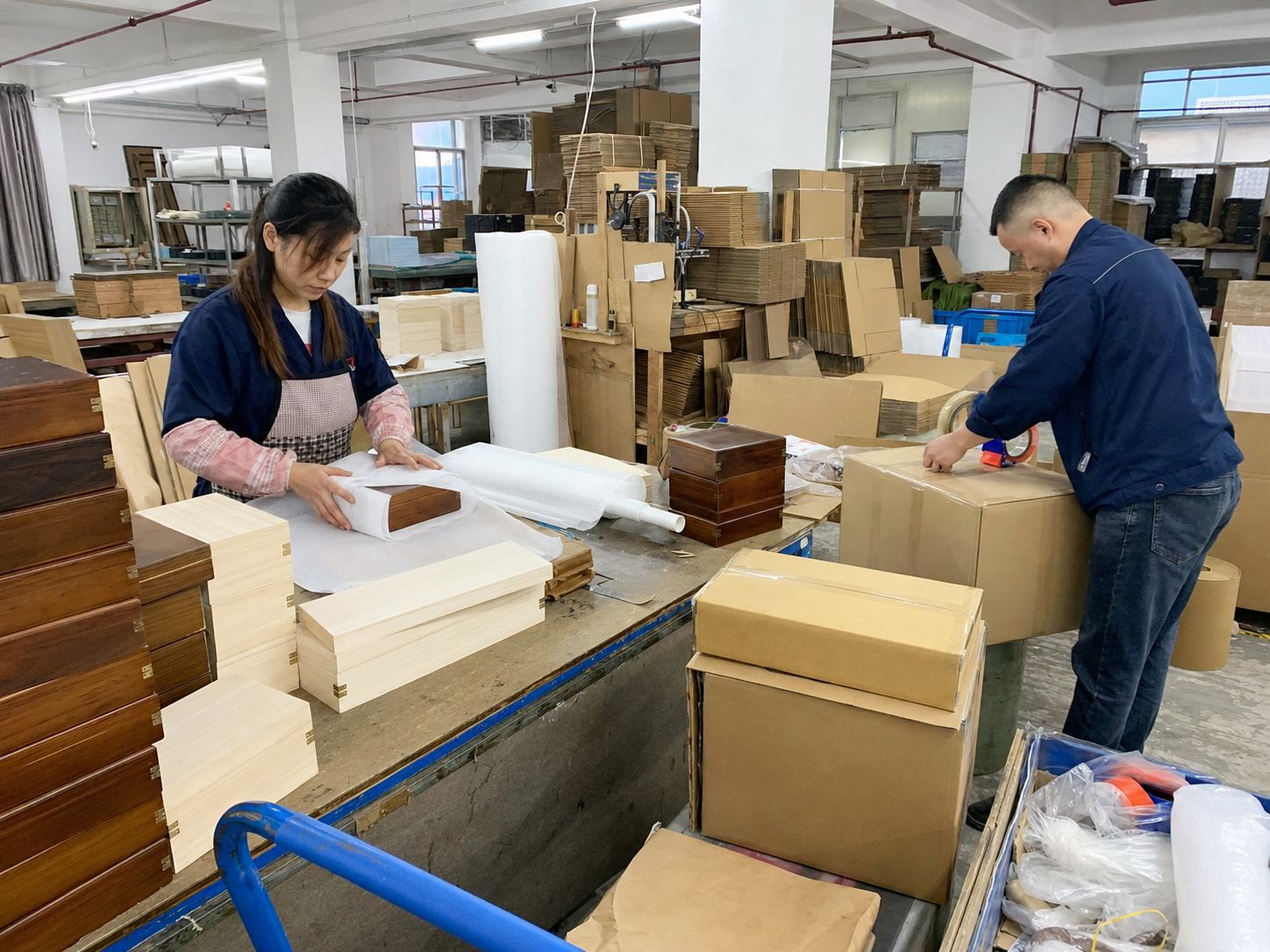 Workers protecting wooden products for shipment