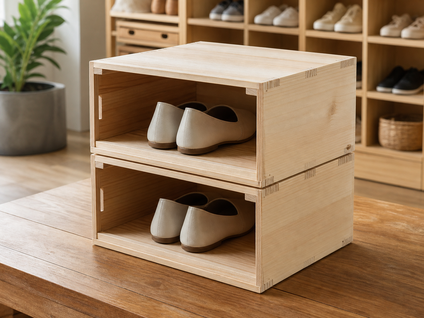 Wholesale modular wooden shoe storage box in natural wood, CHUANRUI factory product photography