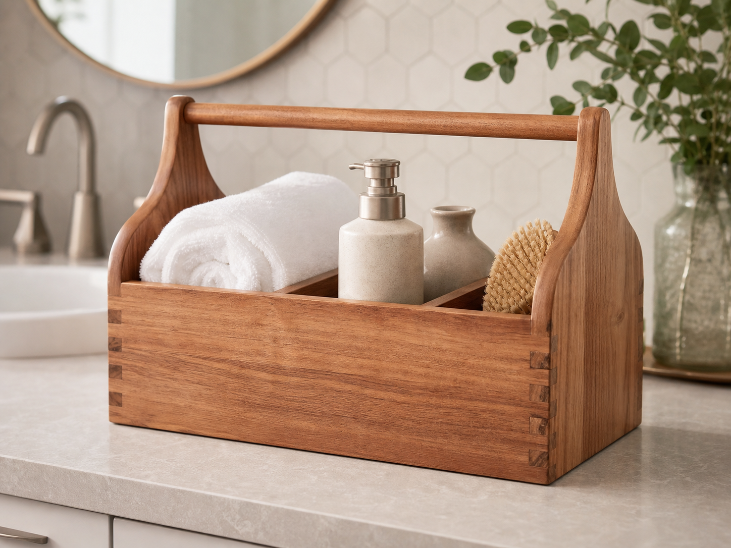 Wholesale wooden bathroom organizer caddy in natural wood, CHUANRUI factory product photography