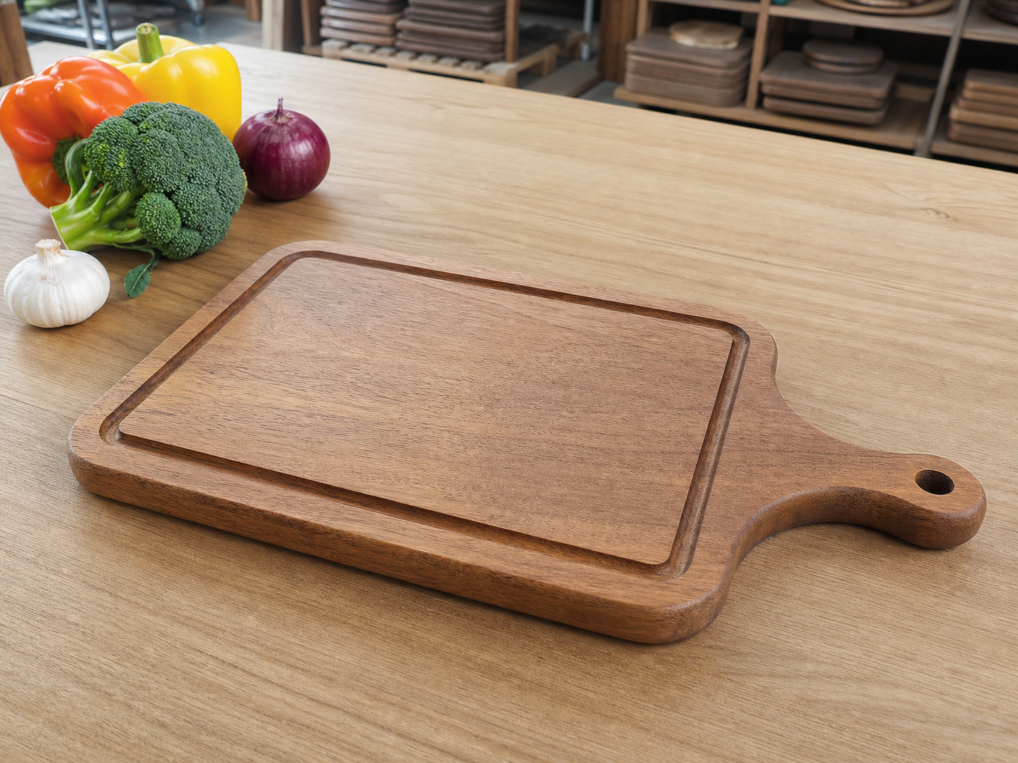 Wholesale juice groove wooden cutting board in natural wood, CHUANRUI factory product photography