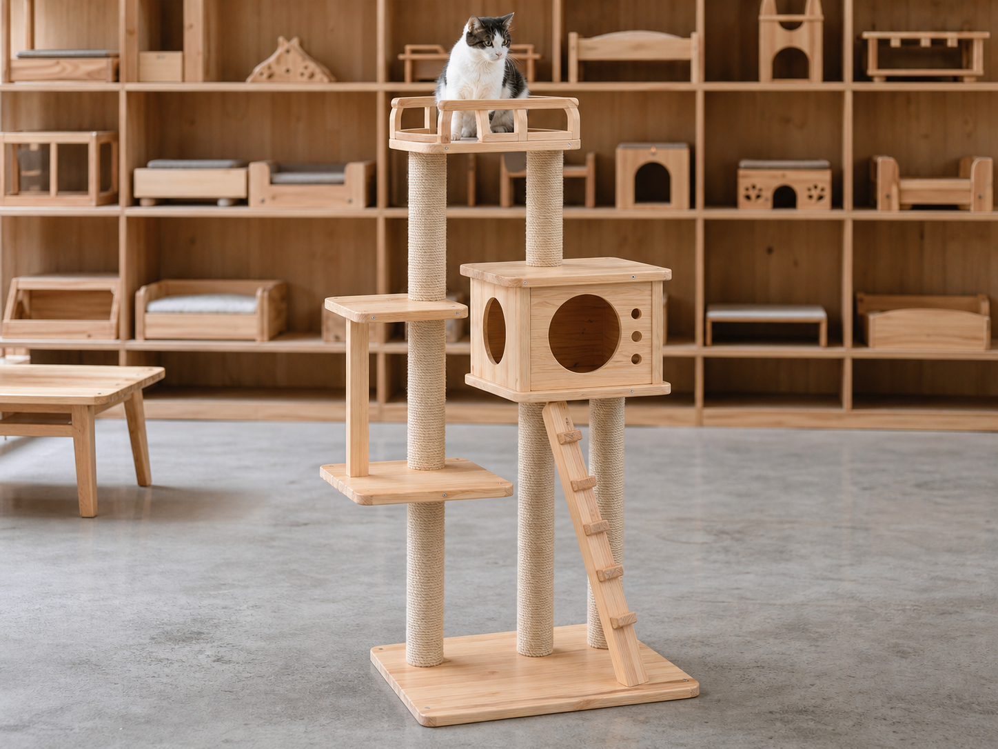 Wholesale multi level wooden cat tower in natural wood, CHUANRUI factory product photography