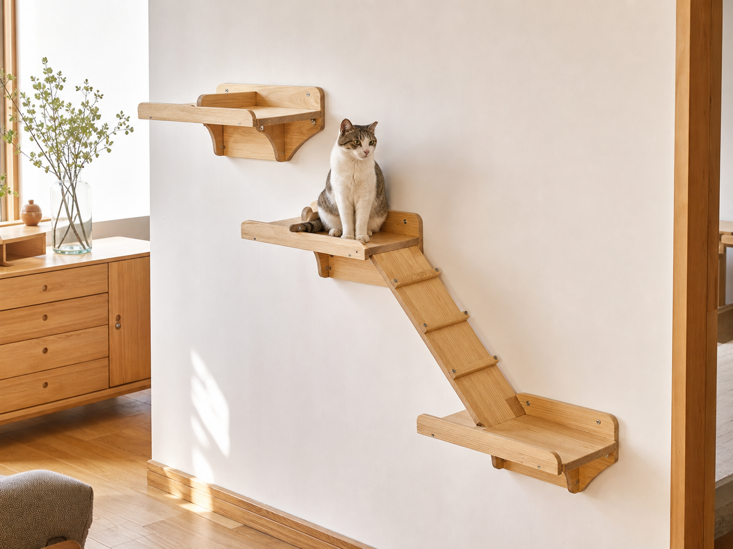 Wholesale wall mounted wooden cat shelf set in natural wood, CHUANRUI factory product photography