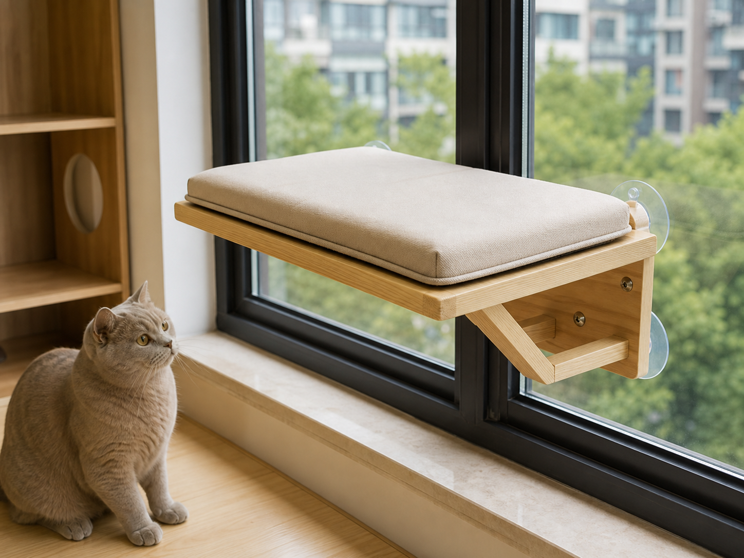 Wholesale window mounted wooden cat perch in natural wood, CHUANRUI factory product photography