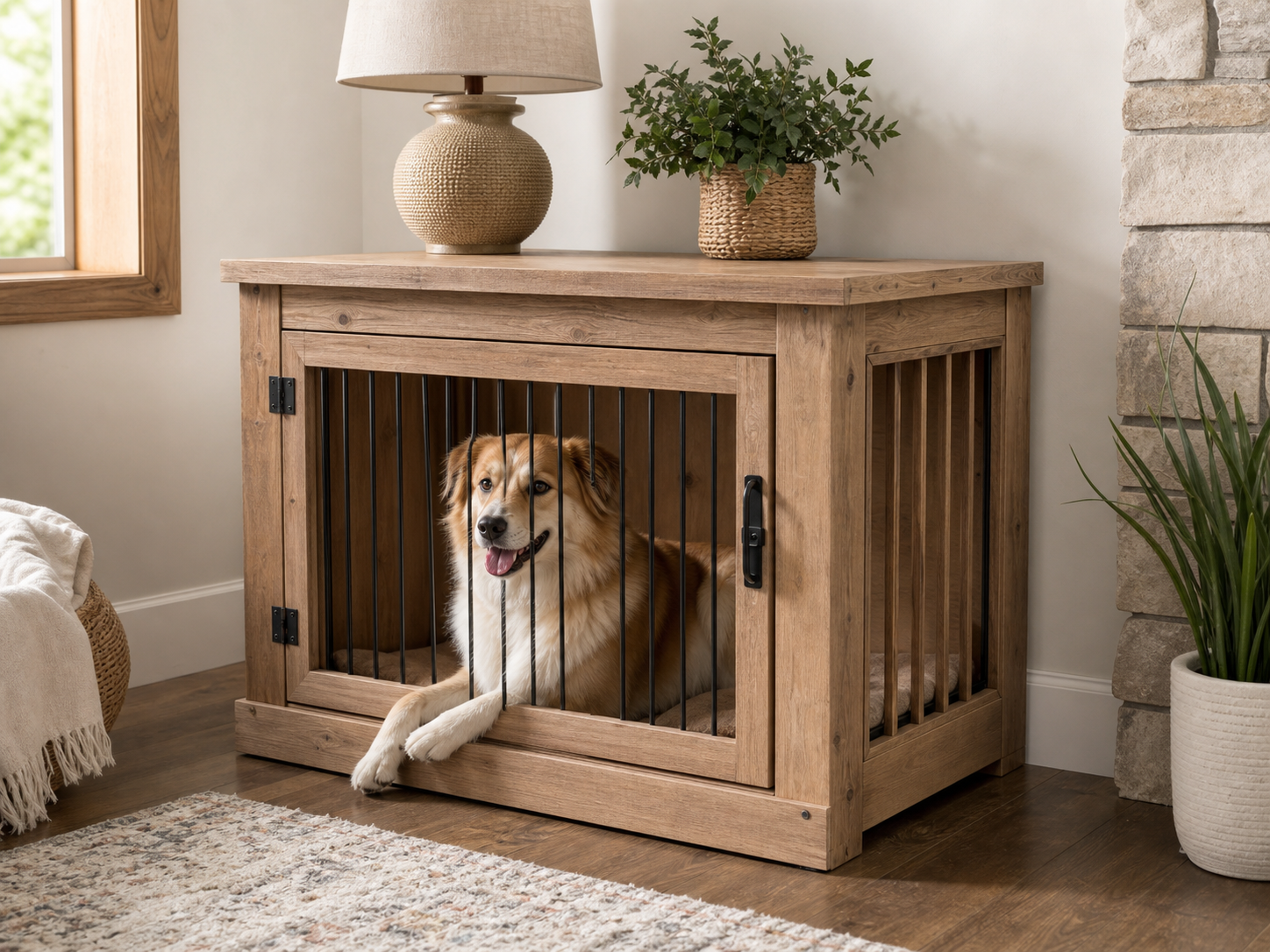 Wholesale wooden dog crate side table in natural wood, CHUANRUI factory product photography