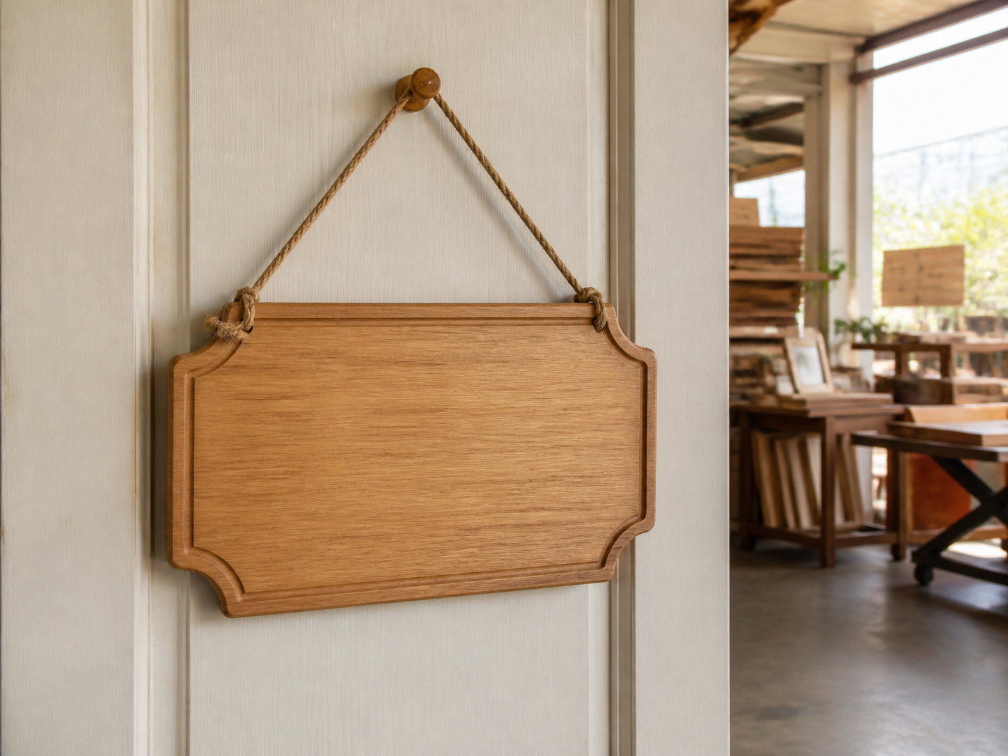 Wholesale hanging wooden door sign in natural wood, CHUANRUI factory product photography