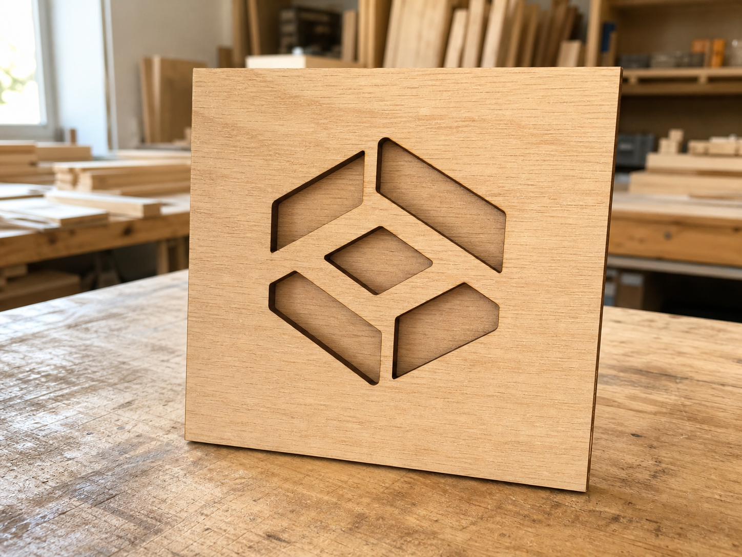 Wholesale laser cut wooden logo plaque in natural wood, CHUANRUI factory product photography