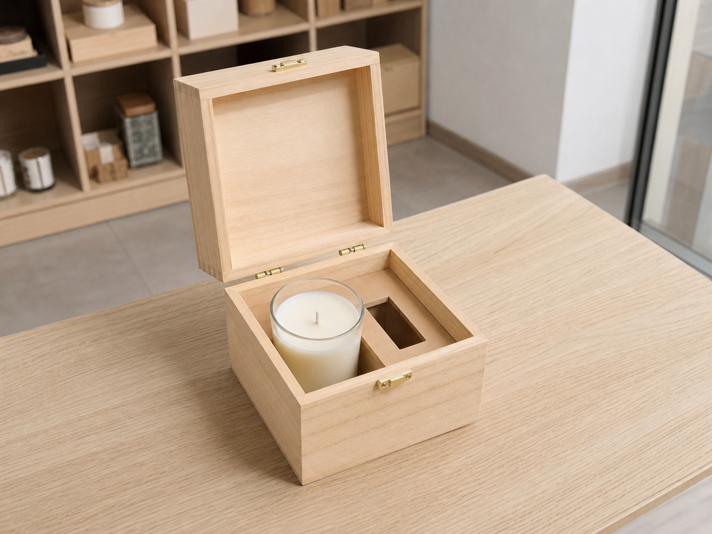 Wholesale wooden candle packaging box in natural wood, CHUANRUI factory product photography