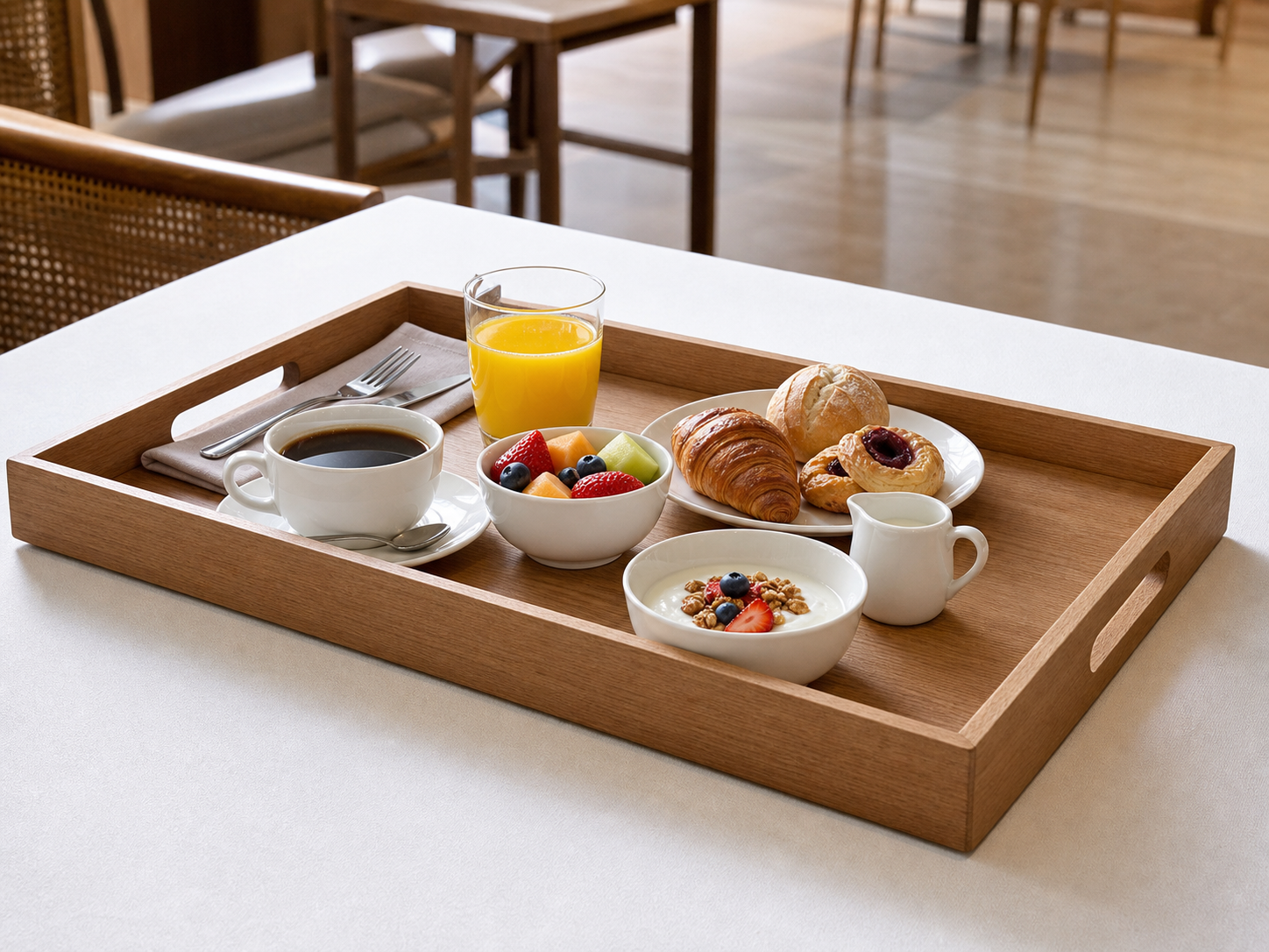Wholesale hotel breakfast service tray in natural wood, CHUANRUI factory product photography
