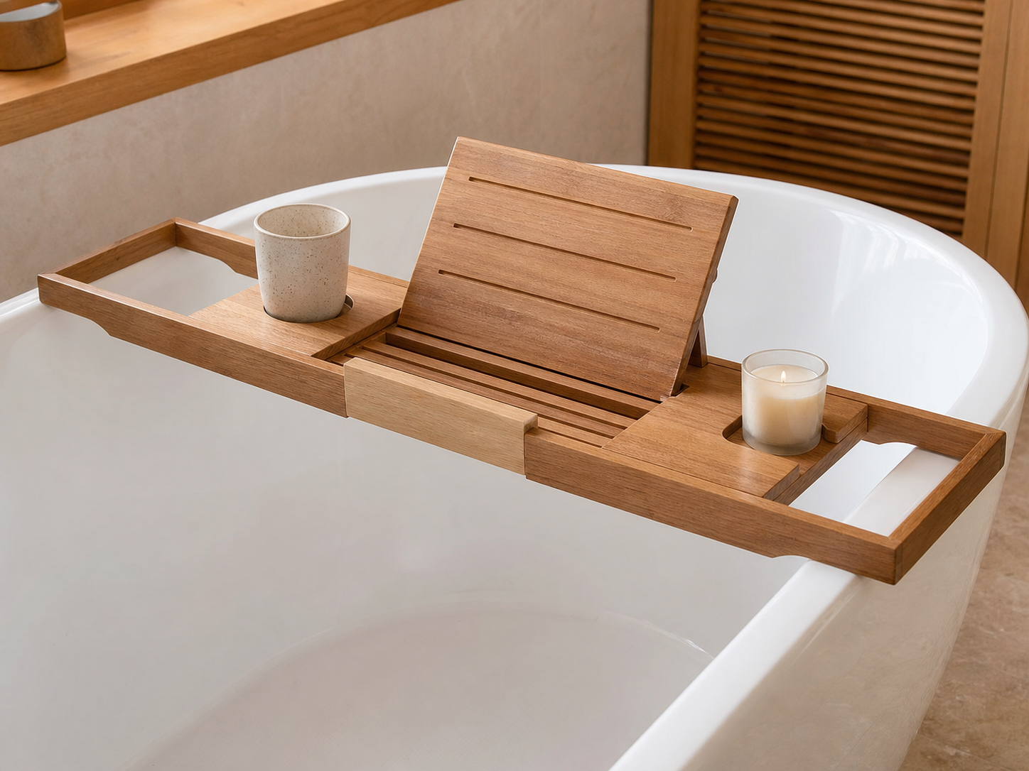 Wholesale wooden bathtub caddy tray in natural wood, CHUANRUI factory product photography