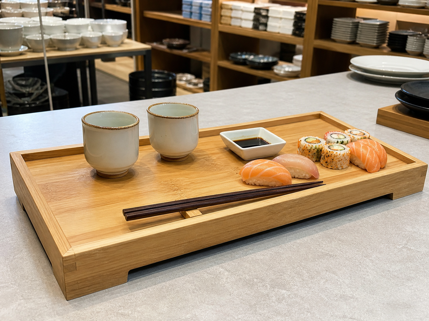 Wholesale wooden tea and sushi presentation tray in natural wood, CHUANRUI factory product photography